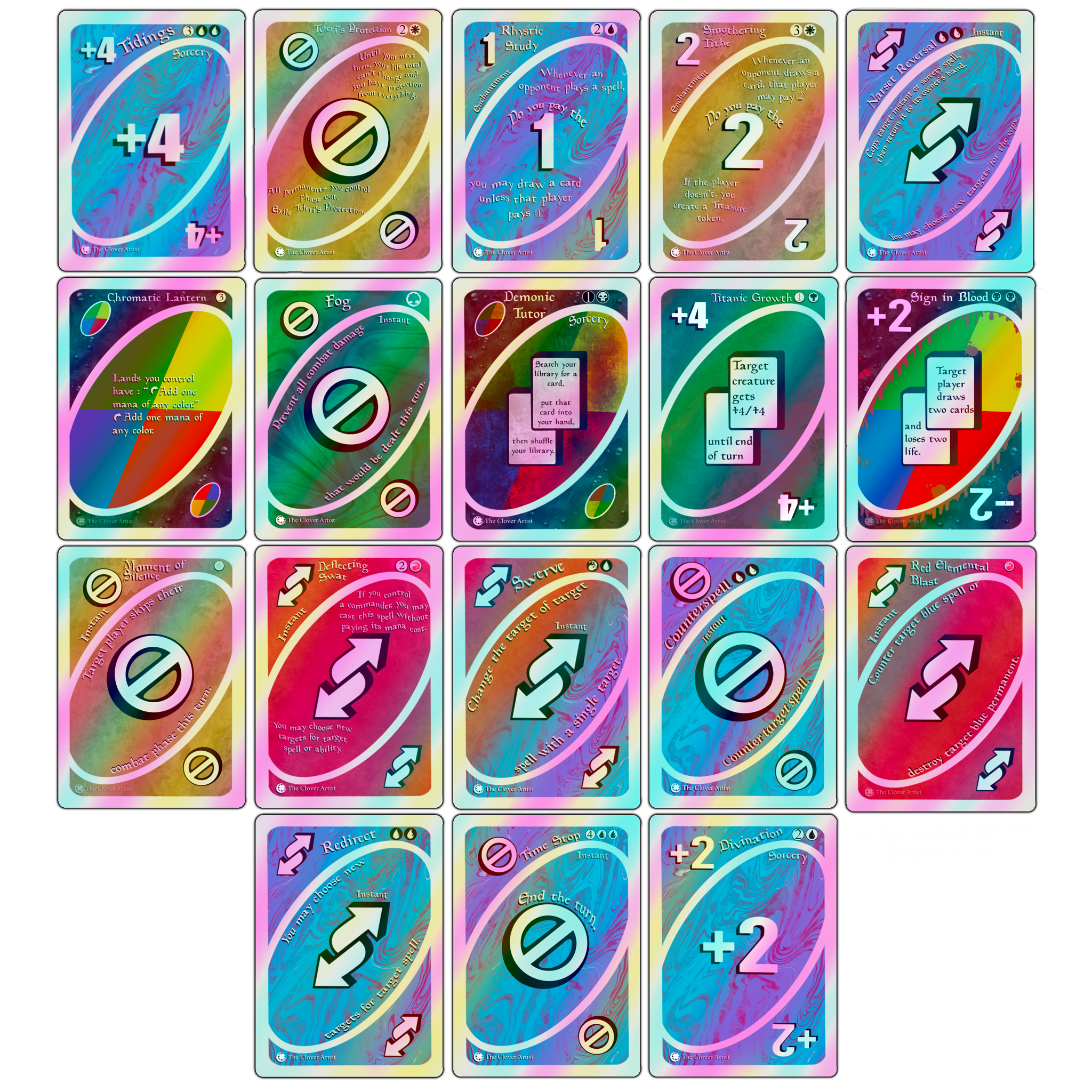 Collection of colorful trading cards with various symbols and numbers on a white background
