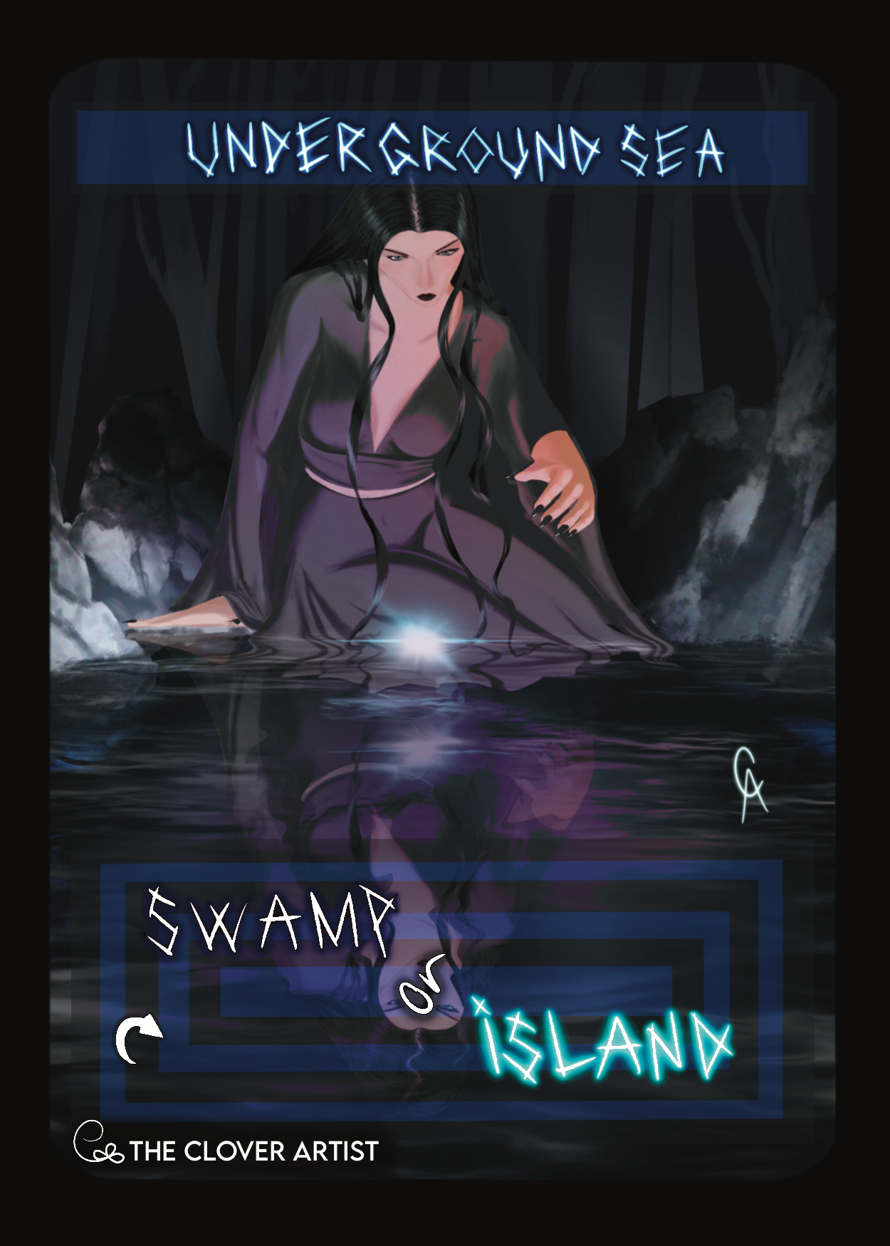 Artistic depiction of a woman in a dark outfit sitting by water with 'Underground Sea' and 'Swamp of Island' text. By the clover artist