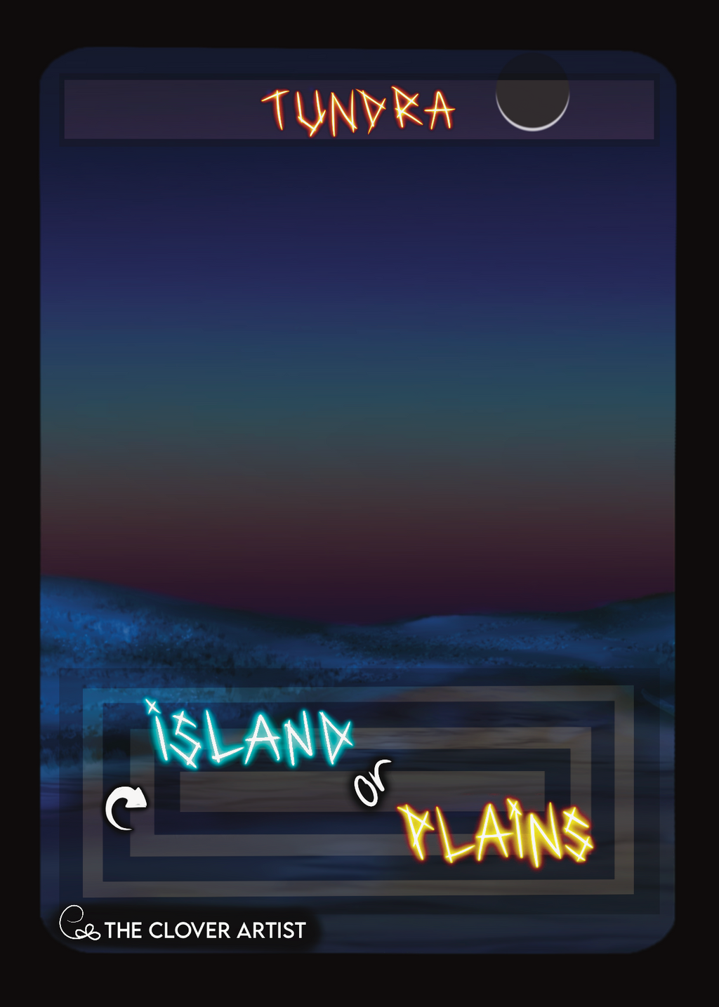 rainbow sunset at twilight with crescent moon and blue flower field below on a tundra dual land proxy